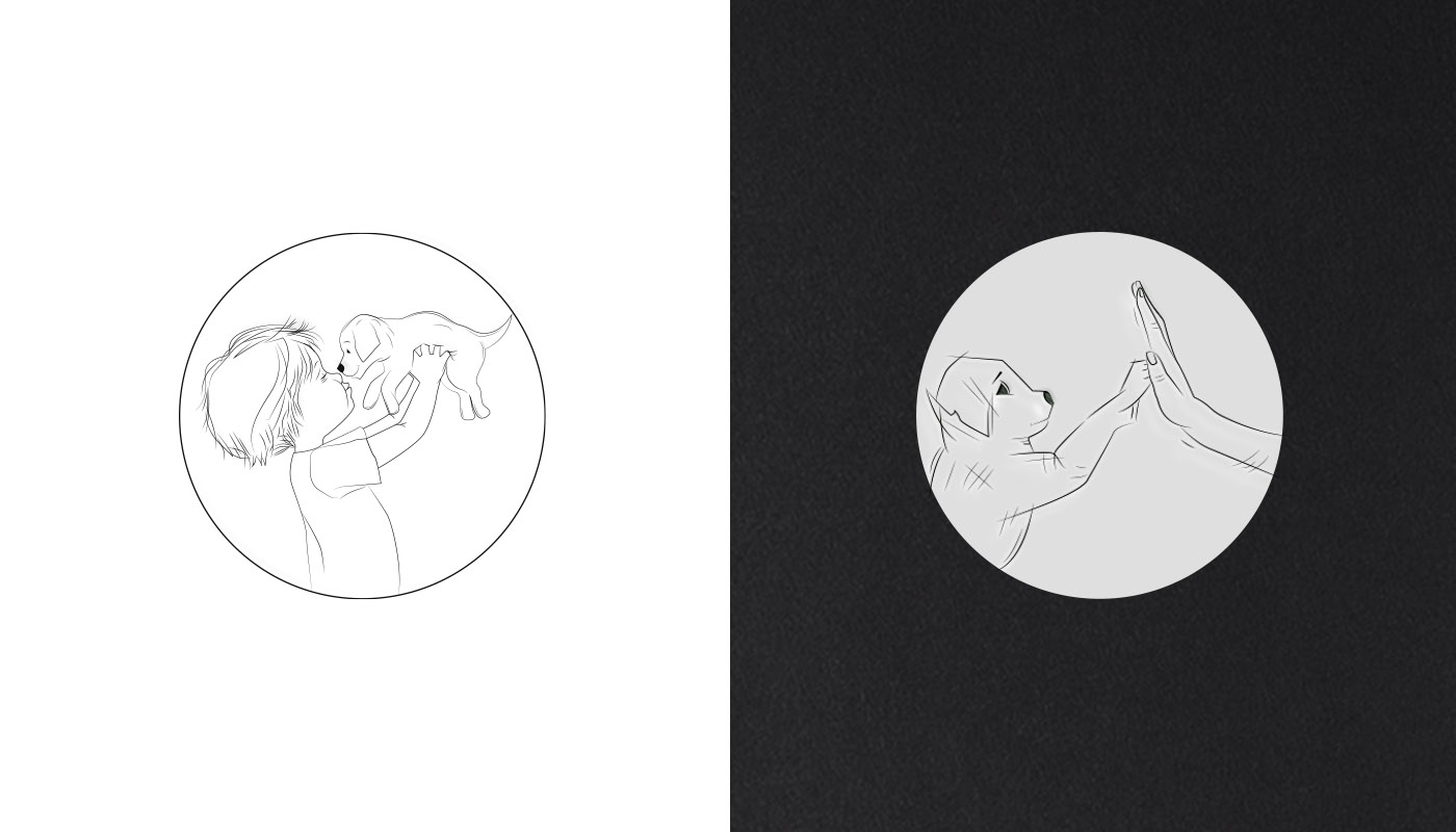 Two Line Art designs - Left: A kid holding a small dog. - Right: High five between the dog and his owner