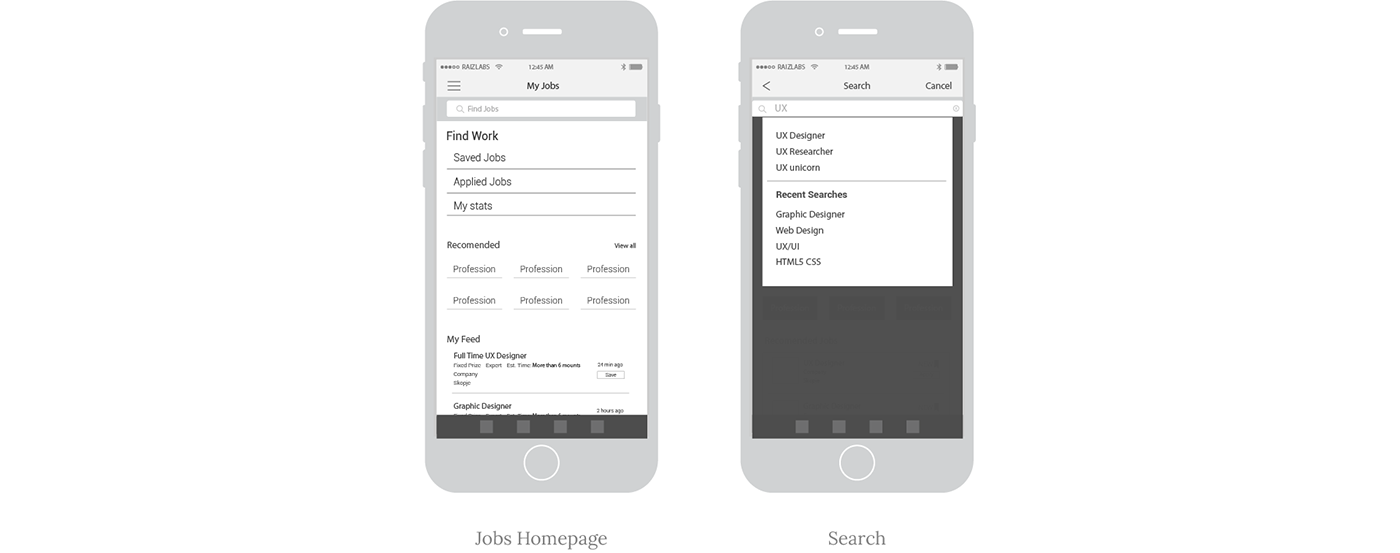 image with mobile wireframes (job homepage and search)