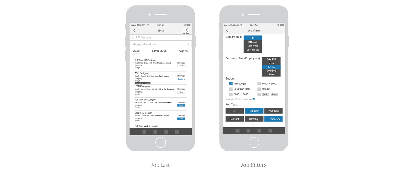 image with mobile wireframes (job homepage and search)
